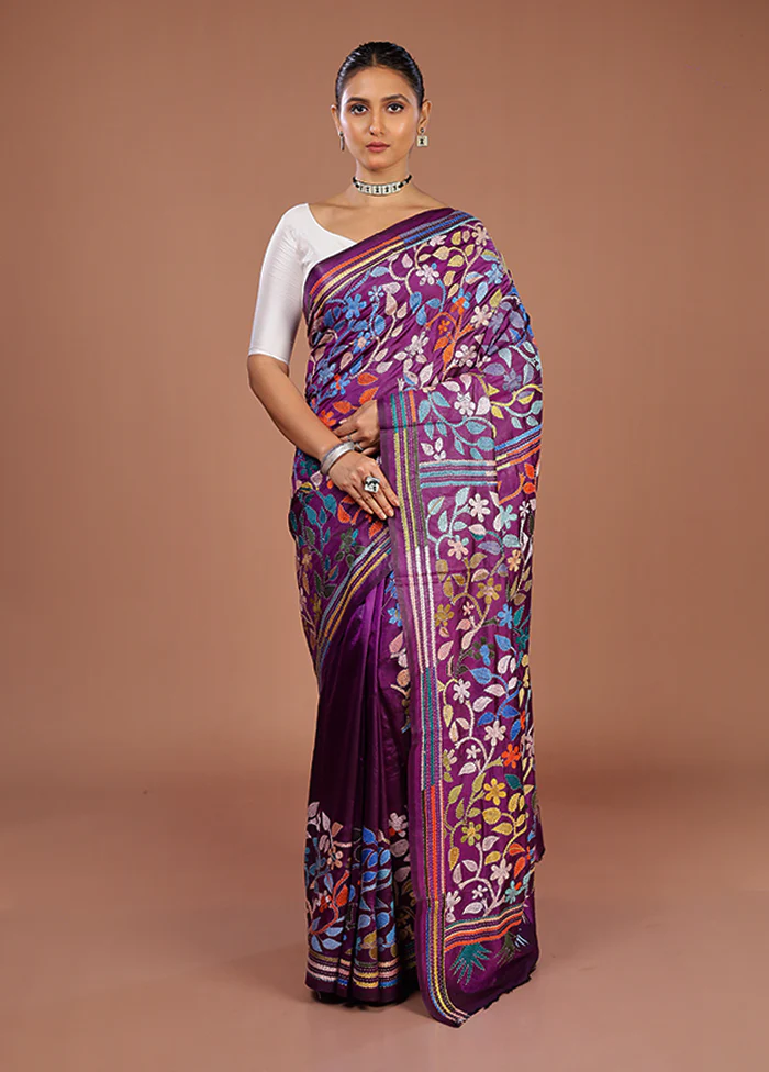 Purple Handloom Kantha Stitch Pure Silk Saree With Blouse Piece - Image 2