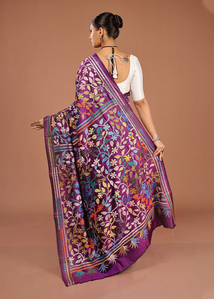 Purple Handloom Kantha Stitch Pure Silk Saree With Blouse Piece - Image 3