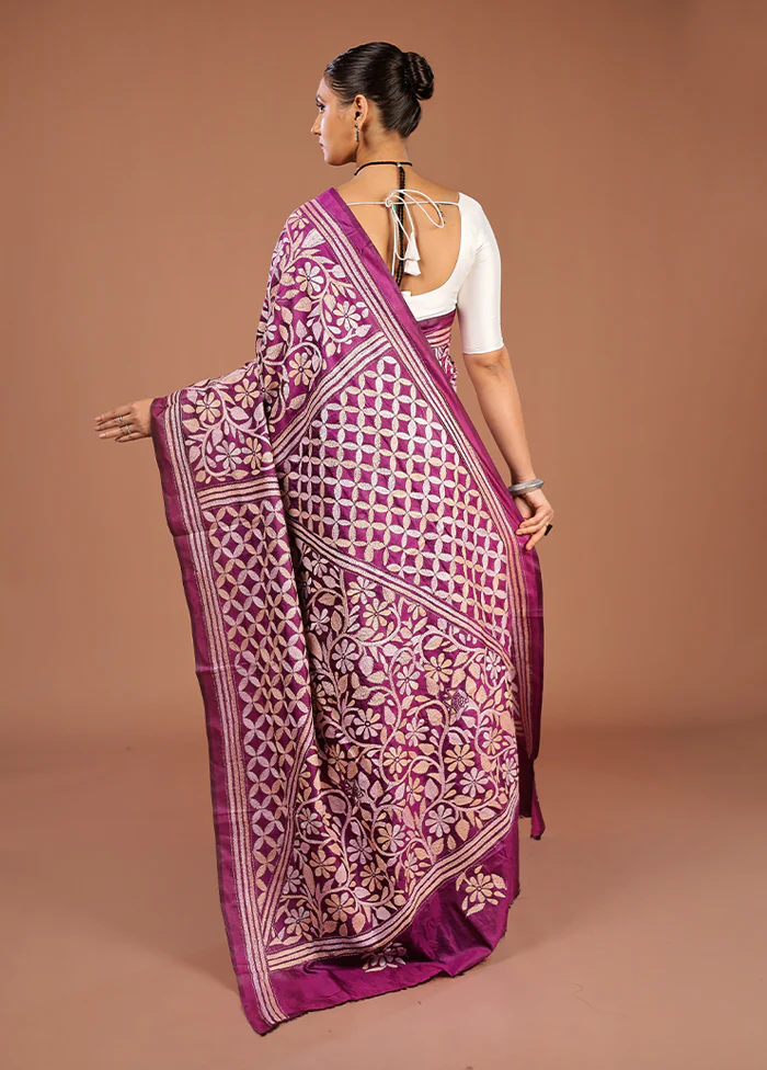 Purple Handloom Kantha Stitch Pure Silk Saree With Blouse Piece - Image 3