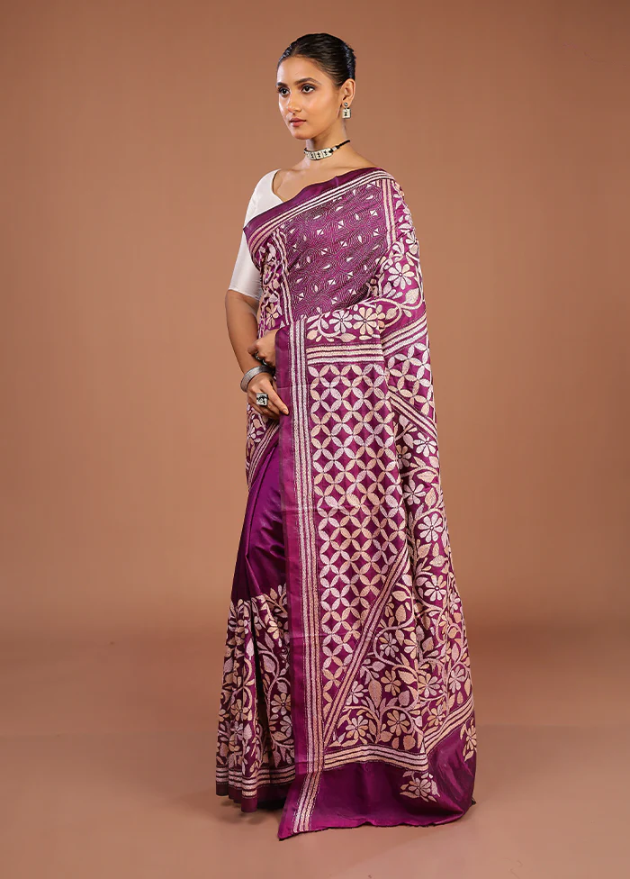 Purple Handloom Kantha Stitch Pure Silk Saree With Blouse Piece - Image 4
