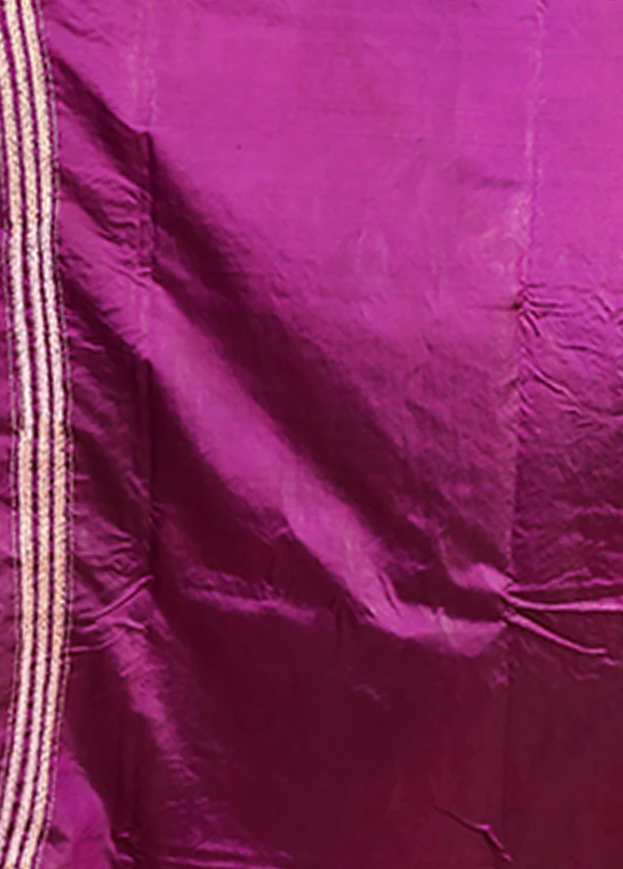 Purple Handloom Kantha Stitch Pure Silk Saree With Blouse Piece - Image 5