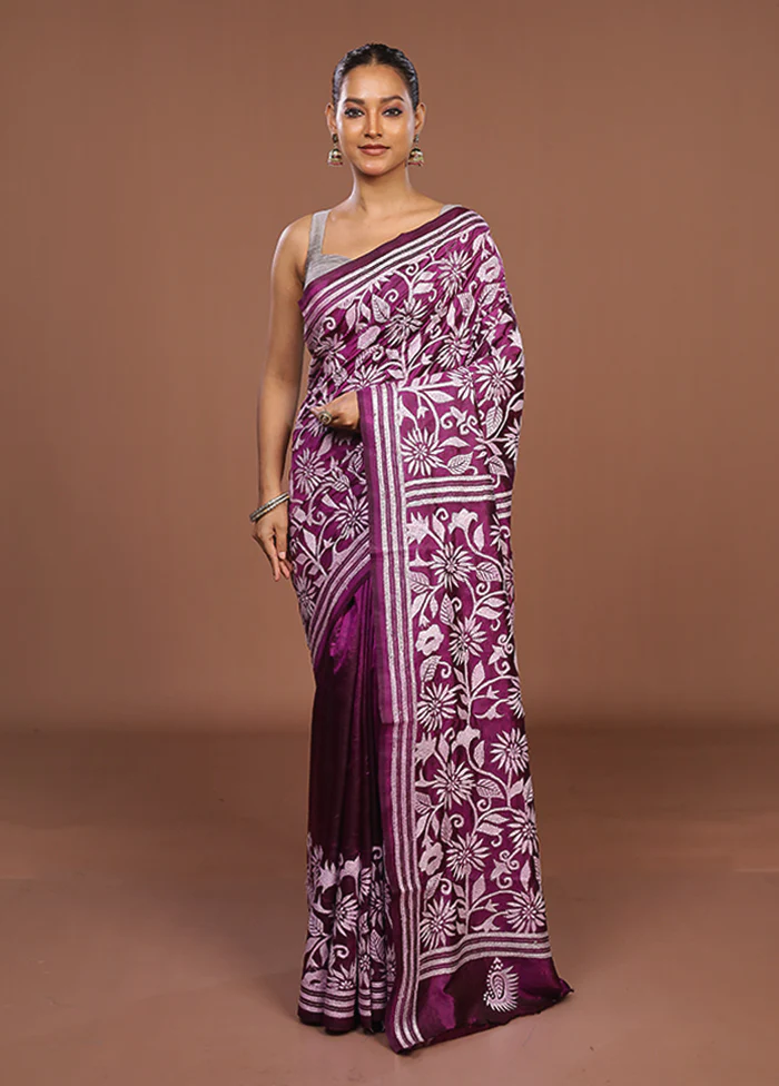 Purple Handloom Kantha Stitch Pure Silk Saree With Blouse Piece - Image 2