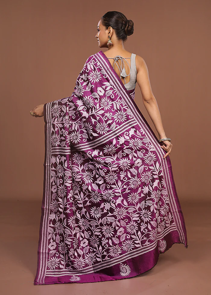 Purple Handloom Kantha Stitch Pure Silk Saree With Blouse Piece - Image 3