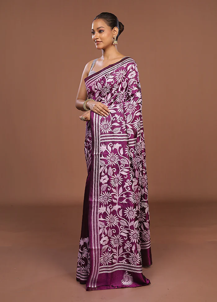 Purple Handloom Kantha Stitch Pure Silk Saree With Blouse Piece - Image 4