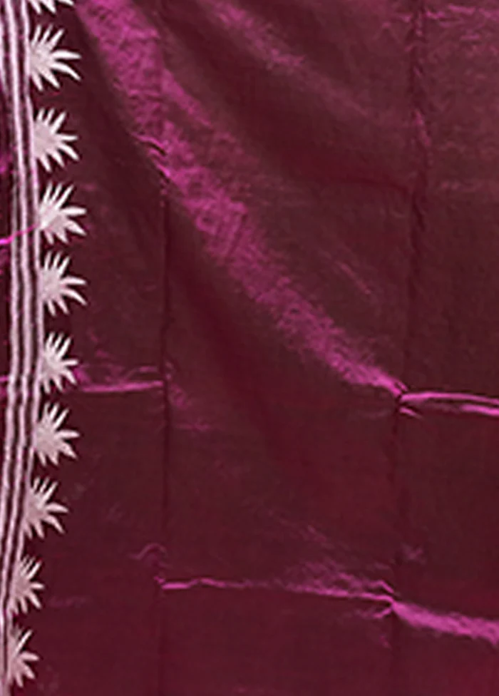 Purple Handloom Kantha Stitch Pure Silk Saree With Blouse Piece - Image 5