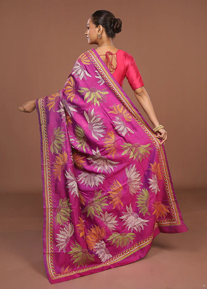 Pink Handloom Kantha Stitch Pure Silk Saree With Blouse Piece - Image 3