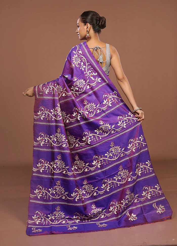 Purple Handloom Kantha Stitch Pure Silk Saree With Blouse Piece - Image 3