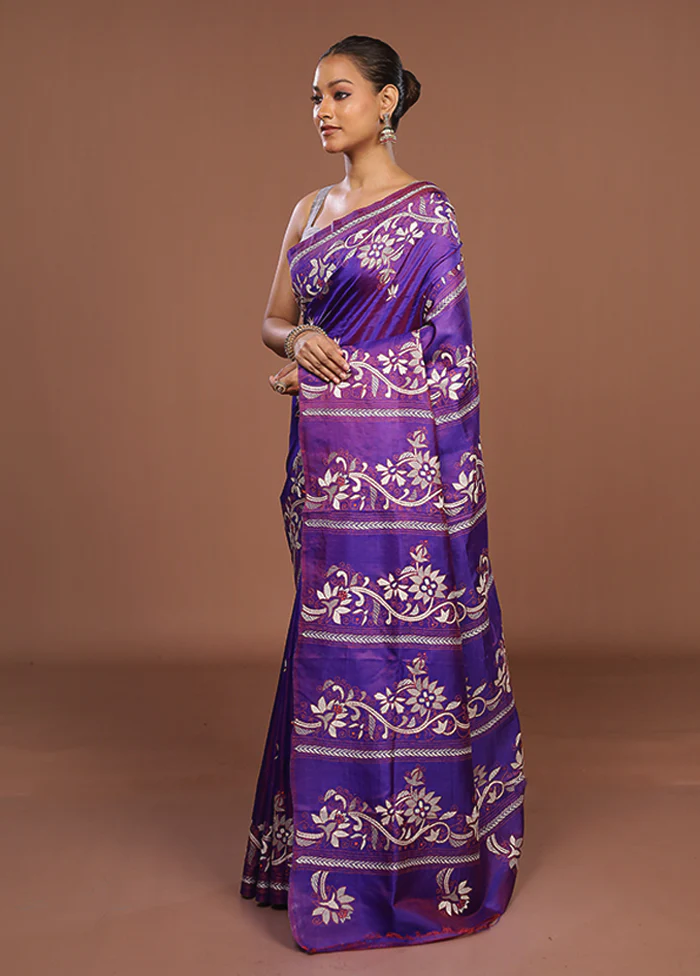 Purple Handloom Kantha Stitch Pure Silk Saree With Blouse Piece - Image 4