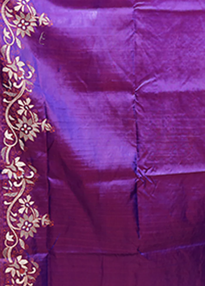 Purple Handloom Kantha Stitch Pure Silk Saree With Blouse Piece - Image 5