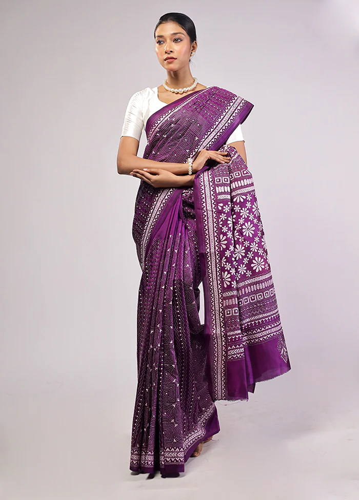 Purple Handloom Kantha Stitch Pure Silk Saree With Blouse Piece - Image 2