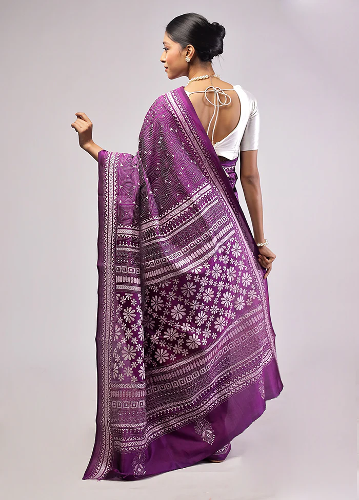 Purple Handloom Kantha Stitch Pure Silk Saree With Blouse Piece - Image 3