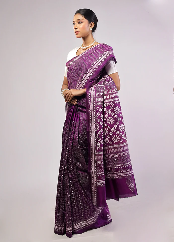 Purple Handloom Kantha Stitch Pure Silk Saree With Blouse Piece - Image 4