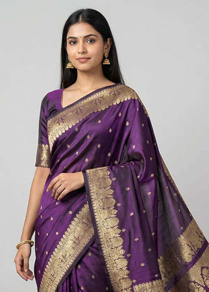 Purple Handloom Katan Pure Silk Saree With Blouse Piece - Image 2