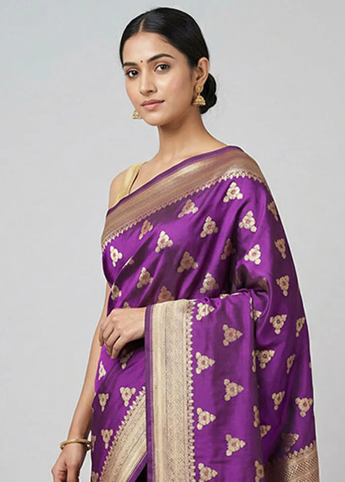 Purple Handloom Katan Pure Silk Saree With Blouse Piece - Image 2
