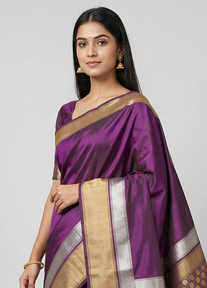 Purple Handloom Katan Pure Silk Saree With Blouse Piece - Image 2