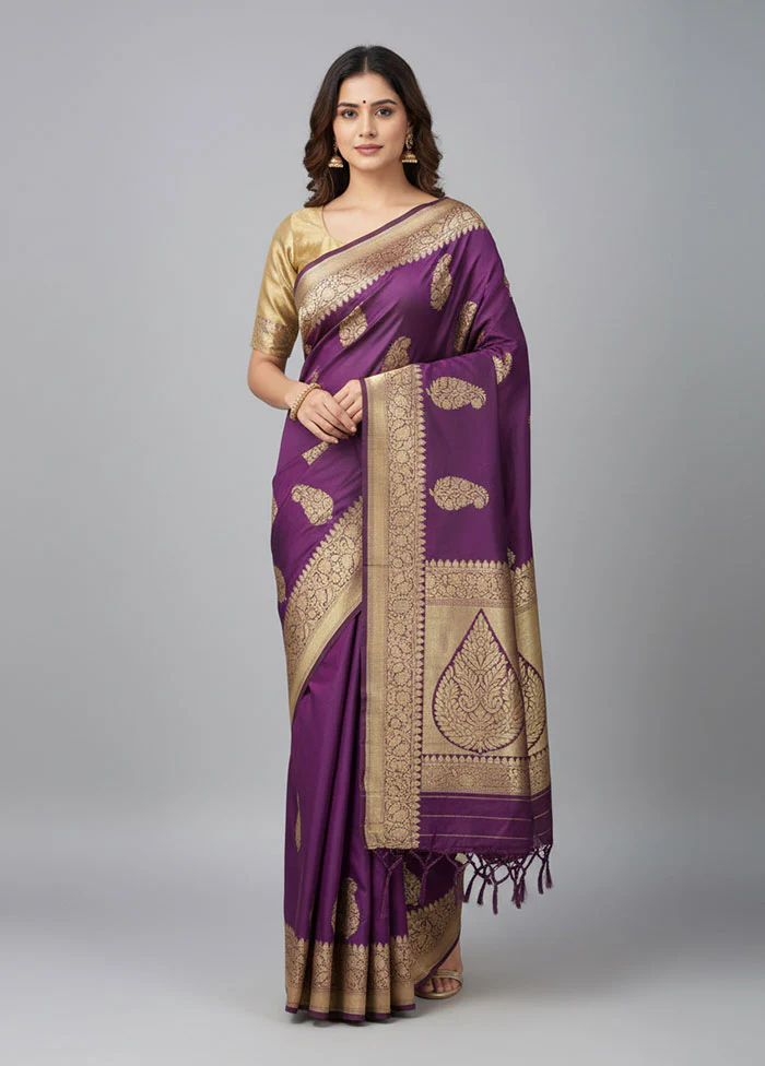 Purple Handloom Katan Pure Silk Saree With Blouse Piece