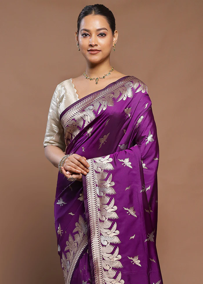 Purple Handloom Katan Pure Silk Saree With Blouse Piece - Image 2