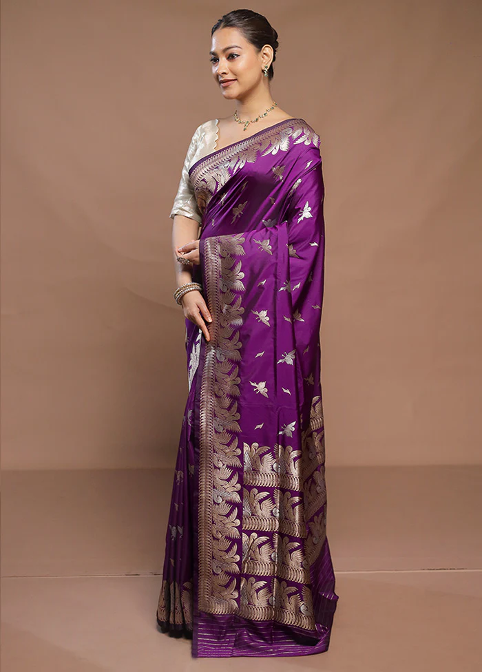 Purple Handloom Katan Pure Silk Saree With Blouse Piece - Image 4