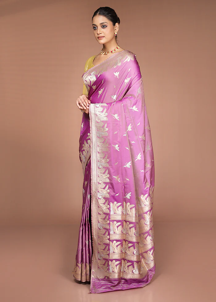 Purple Handloom Katan Pure Silk Saree With Blouse Piece - Image 4