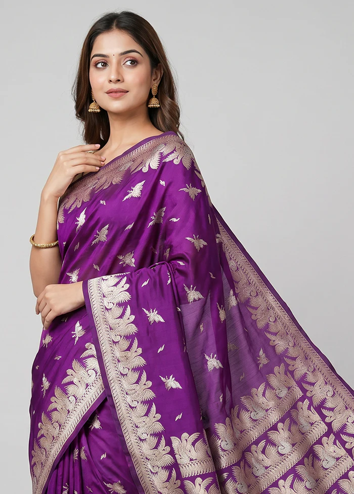 Purple Handloom Katan Pure Silk Saree With Blouse Piece - Image 2