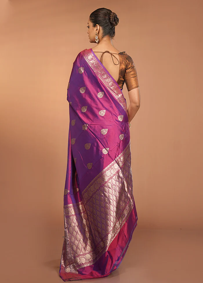 Purple Handloom Katan Pure Silk Saree With Blouse Piece - Image 3
