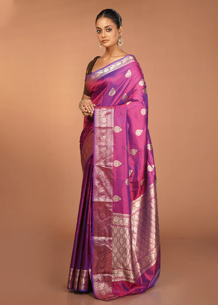 Purple Handloom Katan Pure Silk Saree With Blouse Piece - Image 4