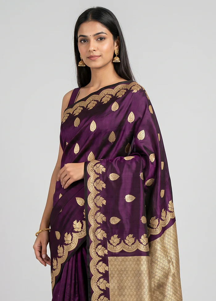 Purple Handloom Katan Pure Silk Saree With Blouse Piece - Image 2