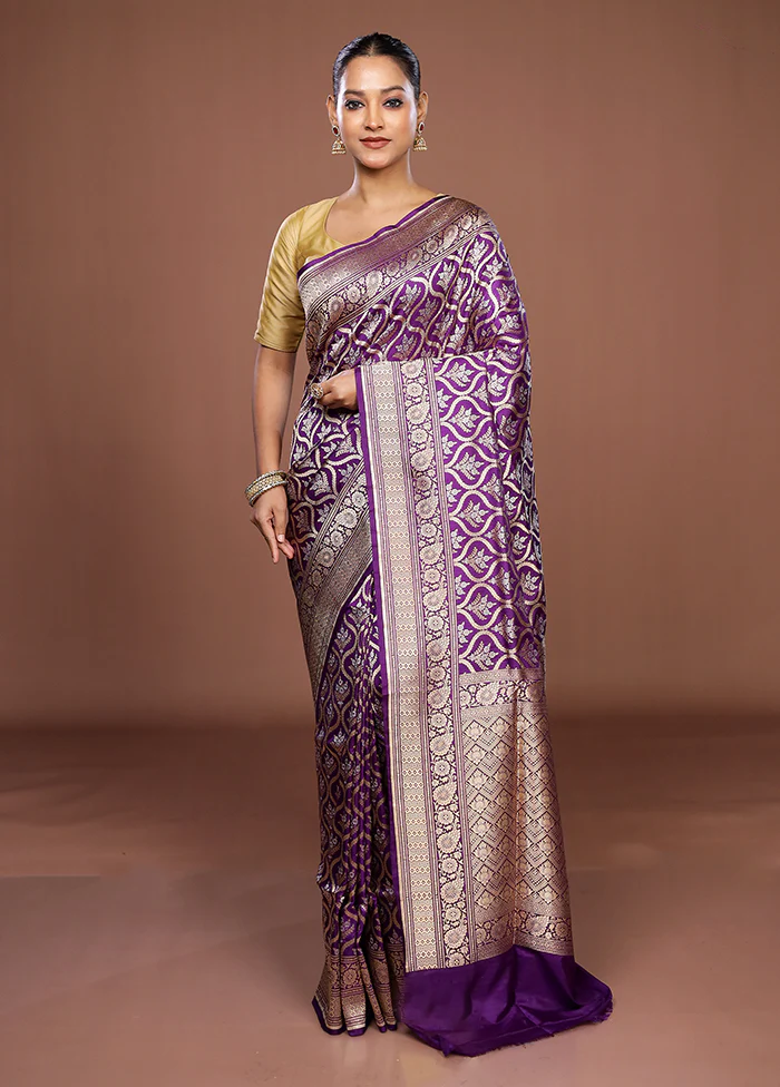 Purple Handloom Katan Pure Silk Saree With Blouse Piece - Image 2