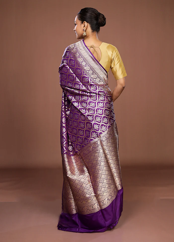 Purple Handloom Katan Pure Silk Saree With Blouse Piece - Image 3