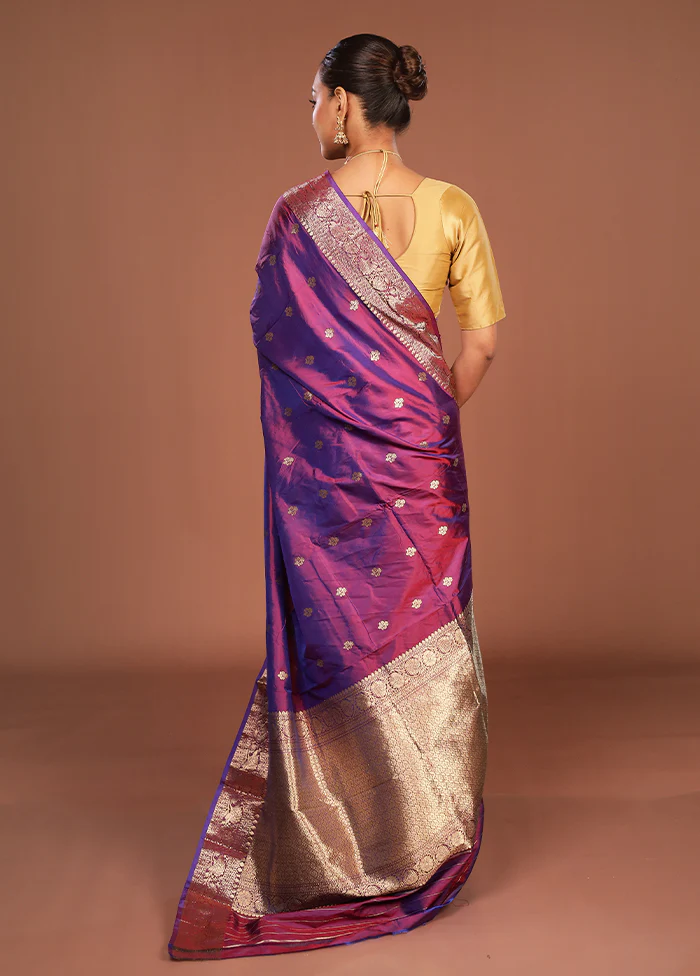Purple Handloom Katan Pure Silk Saree With Blouse Piece - Image 3