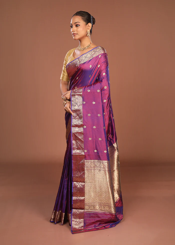 Purple Handloom Katan Pure Silk Saree With Blouse Piece - Image 4