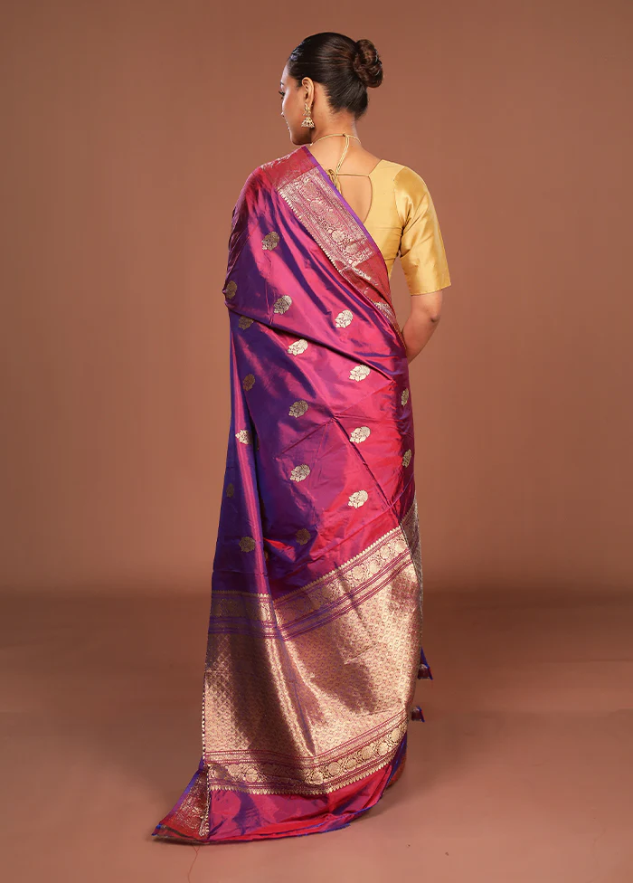 Purple Handloom Katan Pure Silk Saree With Blouse Piece - Image 3