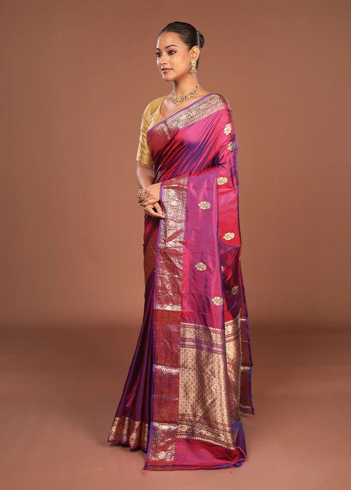 Purple Handloom Katan Pure Silk Saree With Blouse Piece - Image 4