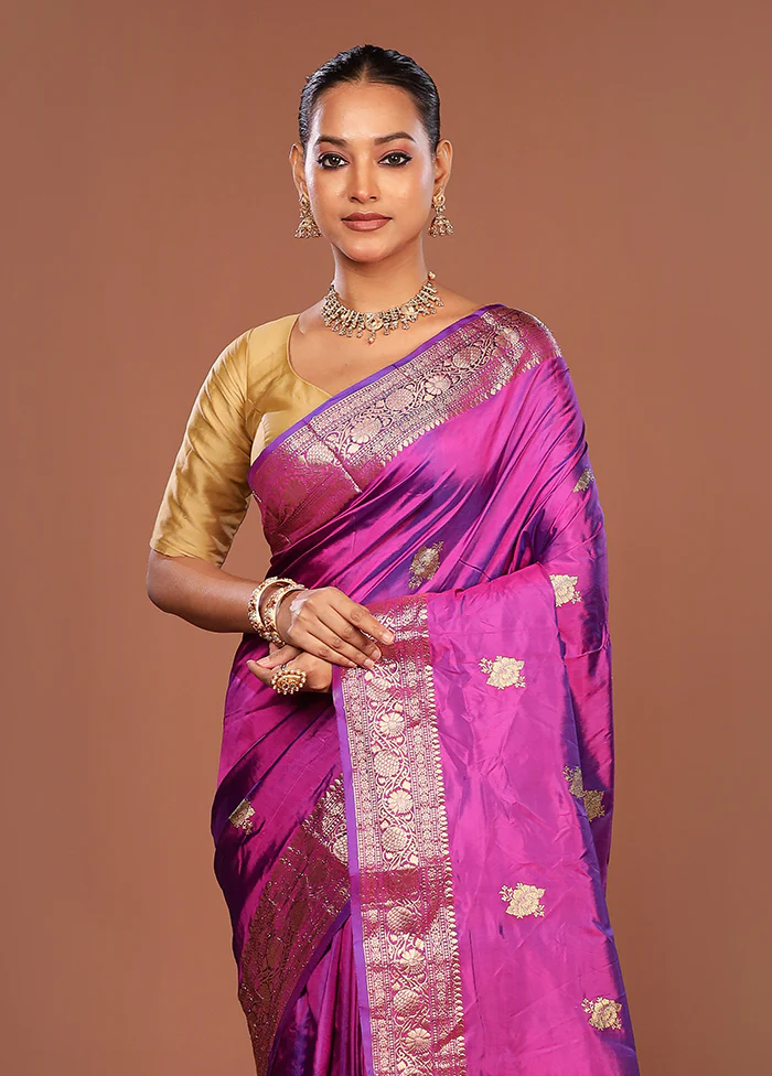 Purple Handloom Katan Pure Silk Saree With Blouse Piece