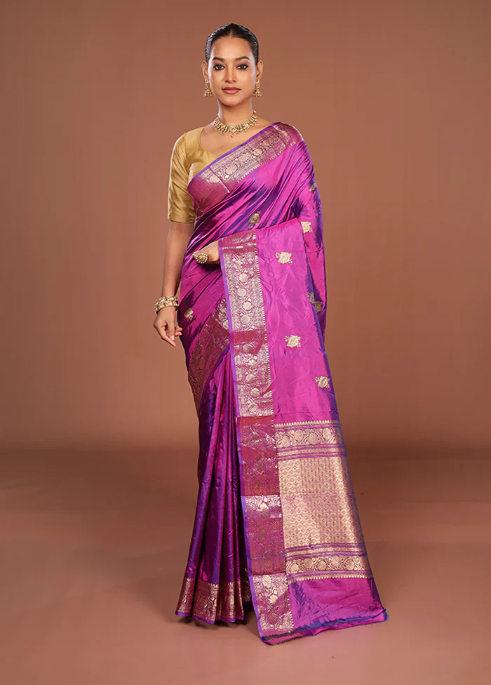 Purple Handloom Katan Pure Silk Saree With Blouse Piece - Image 2