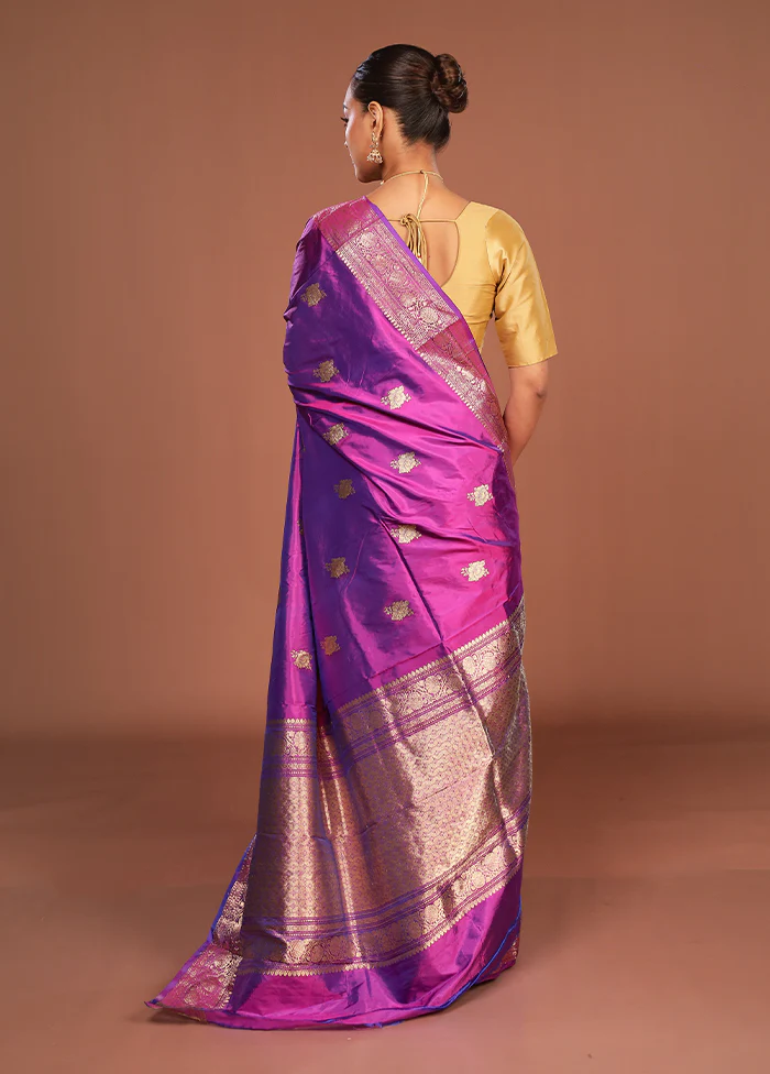 Purple Handloom Katan Pure Silk Saree With Blouse Piece - Image 3