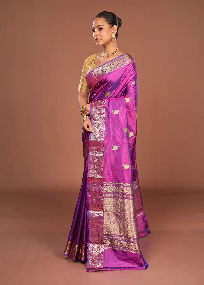Purple Handloom Katan Pure Silk Saree With Blouse Piece - Image 4