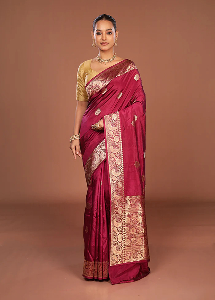 Wine Handloom Katan Pure Silk Saree With Blouse Piece - Image 2