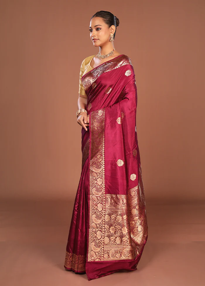 Wine Handloom Katan Pure Silk Saree With Blouse Piece - Image 4