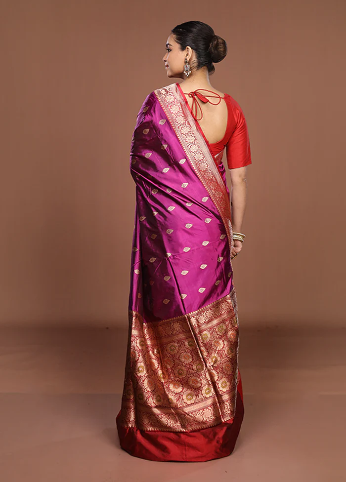 Purple Handloom Katan Pure Silk Saree With Blouse Piece - Image 3