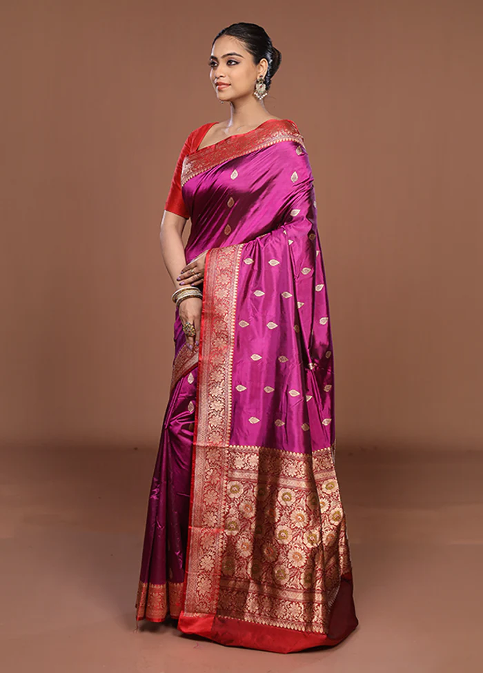 Purple Handloom Katan Pure Silk Saree With Blouse Piece - Image 4