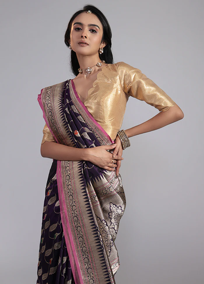 Purple Handloom Katan Pure Silk Saree With Blouse Piece - Image 2