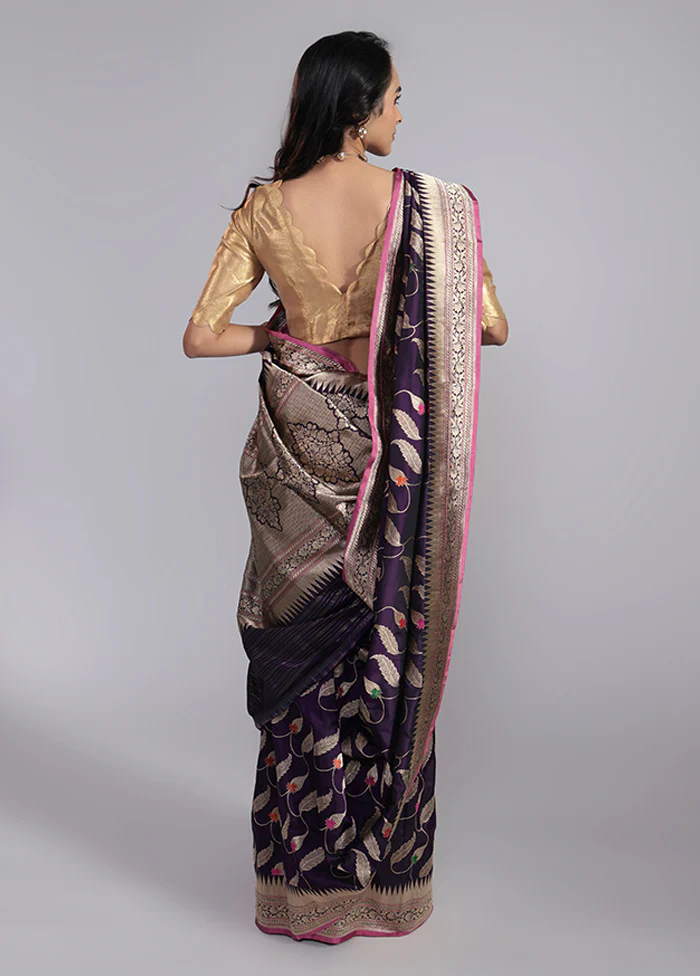 Purple Handloom Katan Pure Silk Saree With Blouse Piece - Image 3