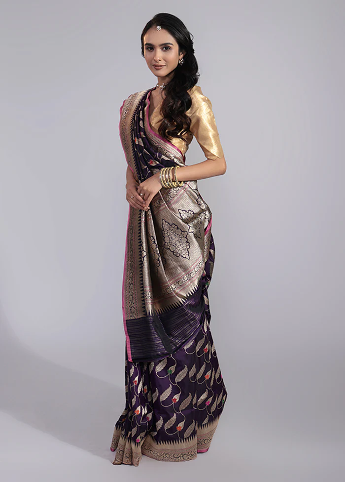 Purple Handloom Katan Pure Silk Saree With Blouse Piece - Image 4