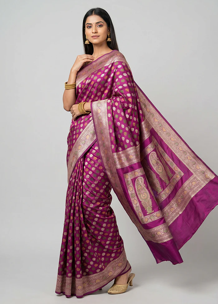 Purple Handloom Katan Pure Silk Saree With Blouse Piece