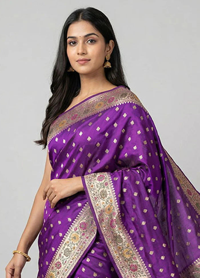 Purple Handloom Katan Pure Silk Saree With Blouse Piece - Image 2