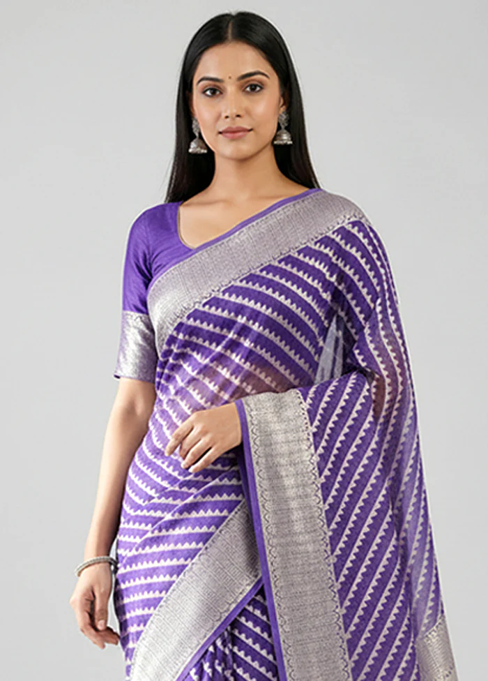 Purple Handloom Kora Pure Silk Saree With Blouse Piece - Image 2