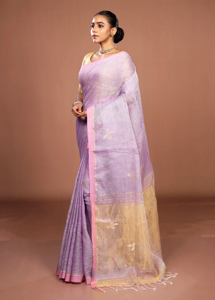 Purple Handloom Linen Pure Silk Saree With Blouse Piece - Image 4