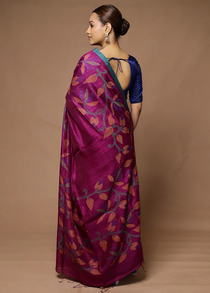 Purple Handloom Matka Pure Silk Saree With Blouse Piece - Image 3