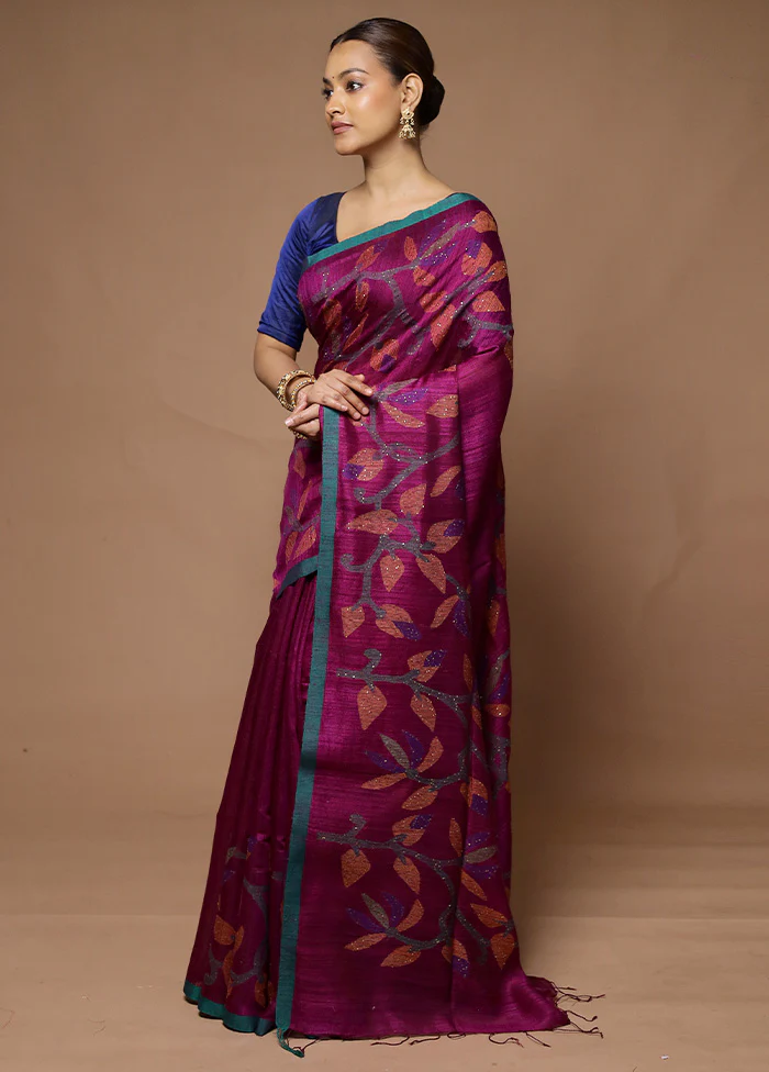 Purple Handloom Matka Pure Silk Saree With Blouse Piece - Image 4